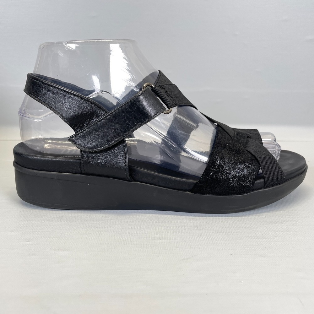 Munro‎ Slingback Wedge Sandals Womens Size 7.5 M Black Leather Strappy Shoes